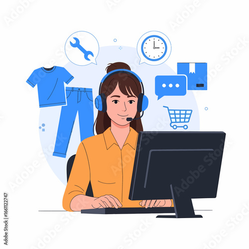 A customer service representative wearing a headset assists with online shopping and provides support.