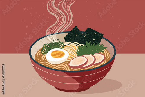 Steaming bowl of ramen with sliced egg, seaweed, chashu pork, spring onions, bamboo shoots, narutomaki.