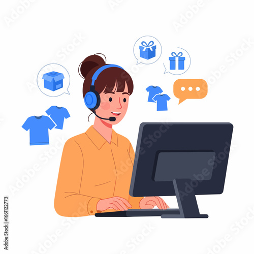 A smiling woman with a headset works on a computer, surrounded by icons representing online shopping, gifts, and customer service.