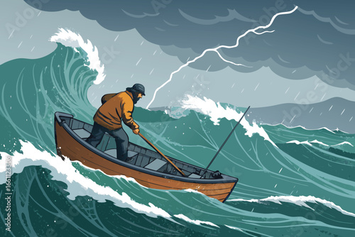 A lone fisherman battles a ferocious tempest, his small boat tossed violently amidst towering waves.