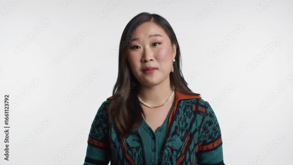 Young woman smiling in a colorful sweater, speaking against a plain background, conveying positivity Young woman smiling in a colorful sweater, speaking against a plain background, conveying positivity