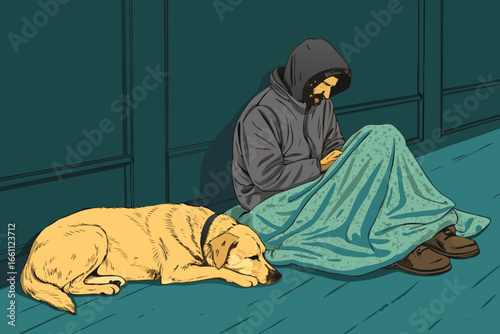 A loyal stray dog sleeps peacefully beside a resting homeless person, a heartwarming scene of companionship and hardship.