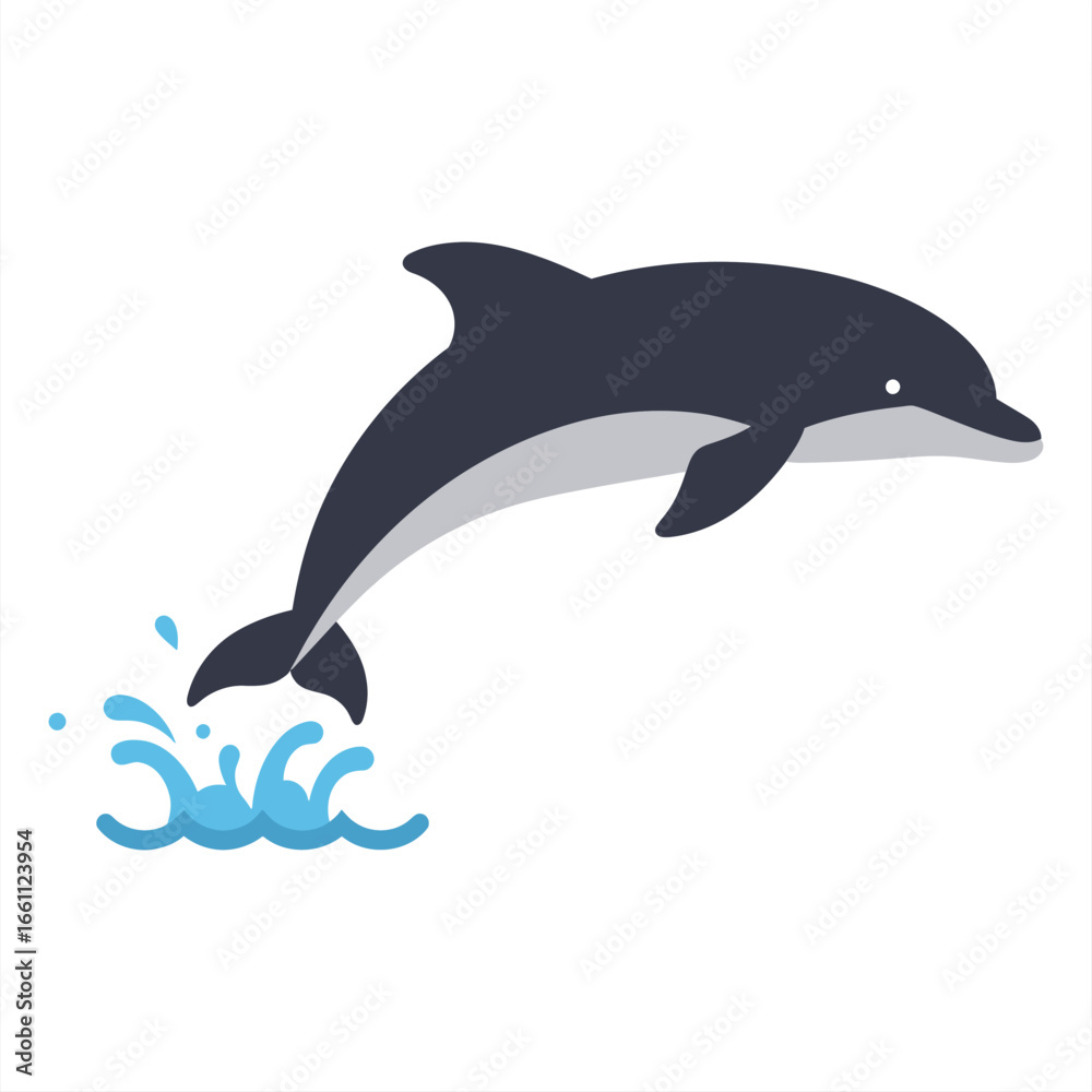 Fototapeta premium Cartoon illustration of a playful dolphin leaping out of the water against a white background