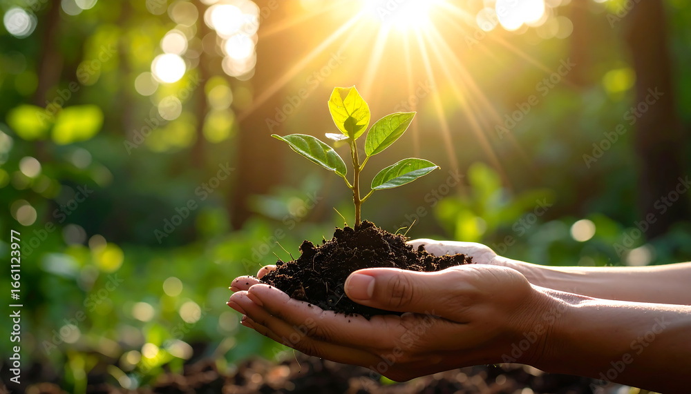 Fototapeta premium New life: Hands holding a sprouting plant in the forest, symbolising growth and renewal,A person carrying a sprout with soil and a light shining in the background