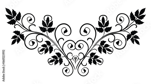 Abstract floral vector design featuring ornate black swirls, hearts, and decorative elements on a white background, perfect for a card or frame illustration