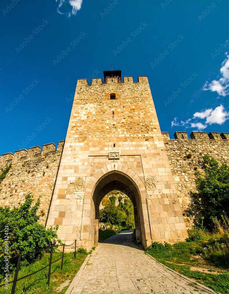 Fototapeta premium Ancient stone gatehouse and city wall