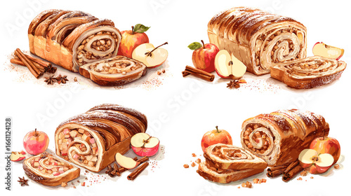 Cozy watercolor illustration of sliced apple cinnamon swirl bread with fresh apples, cinnamon sticks, and sugar. Ideal for bakery branding, dessert menus, or fall-themed packaging.