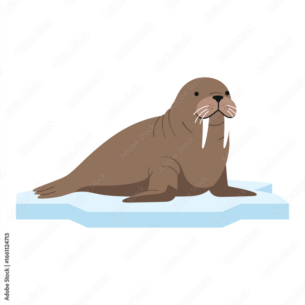 Fototapeta premium Vector illustration of a cartoon brown walrus with tusks resting on a floating ice floe