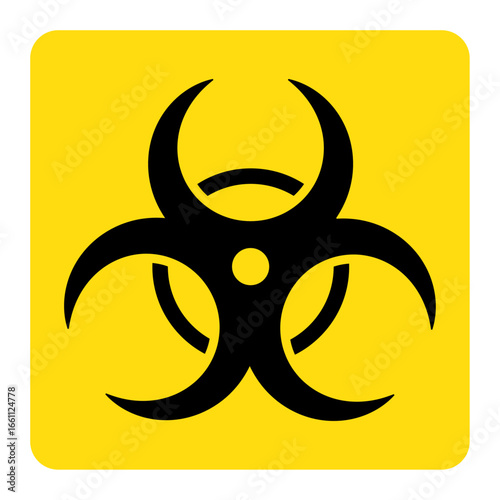 Black biohazard warning symbol inside yellow square background.