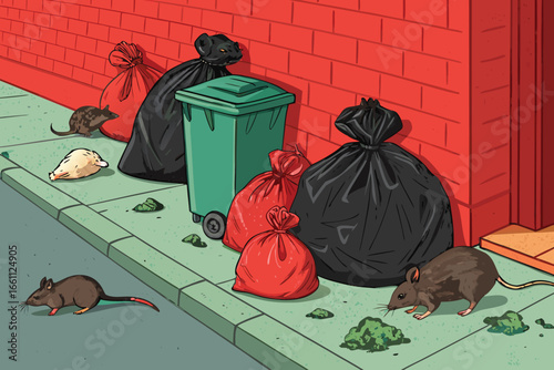 Urban decay street with overflowing garbage bags, rats crawling amidst filth, urban blight, poverty evidence.