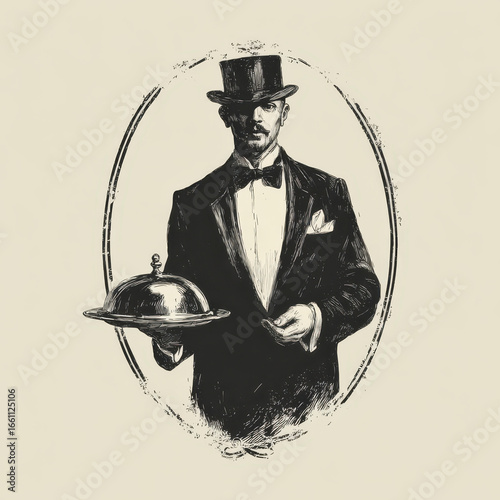 Elegant waiter serving food tray with cloche, vintage engraved illustration of man in tuxedo and top hat, classic restaurant service style with detailed black and white sketch
