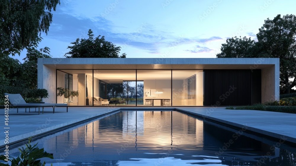 Fototapeta premium House Pool Villa Minimalist style design with a material concrete.The front is clear glass. The side is a black sliding door.
