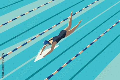 Athletic male swimmer apex dive, Olympic pool, crisp lane ropes, chlorinated water, motion blur, intense focus, athletic prowess, competitive drive.