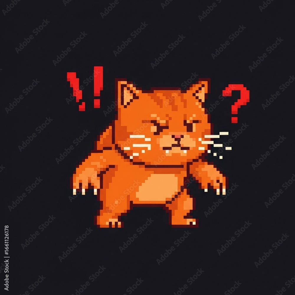 Fototapeta premium Pixel Art Grumpy Orange Cat with Exclamation and Question Marks