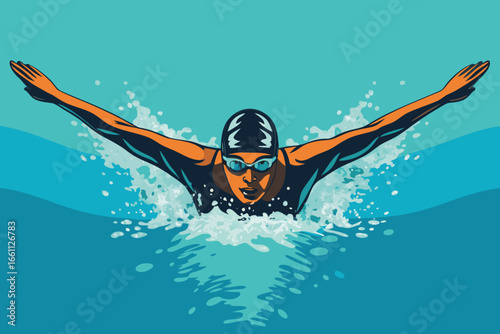 Muscular swimmer executing powerful butterfly stroke, arms wide, water splashing, competitive pool, athletic form.