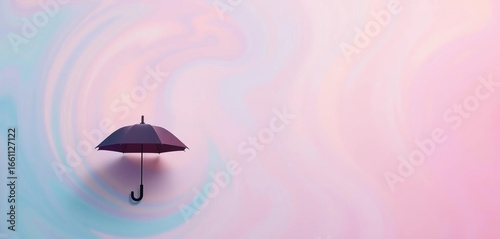 Abstract swirling pastel background, single umbrella silhouette, minimal, simple