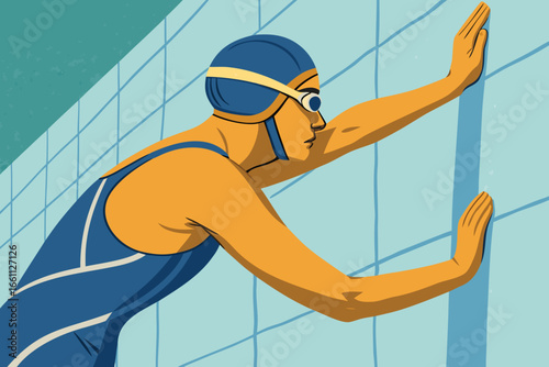Swimmer's powerful arm propels them to touch the wall at the finish line, flat body.