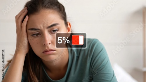 Mental Health for Entrepreneurs A woman looks distressed, symbolizing low energy or emotional fatigue with a battery icon displaying 5%.