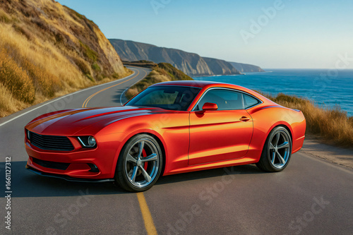 Orange sports car parked on coastal highway at sunset