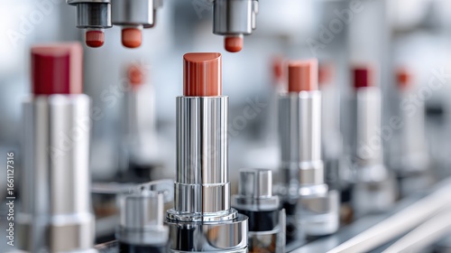 Modern automated lipstick filling machine dispensing vibrant cosmetic formula into silver tubes on pristine factory line, ideal for showcasing beauty manufacturing technology and process precision