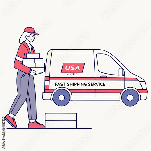 Woman delivering packages from a fast shipping service van with usa branding