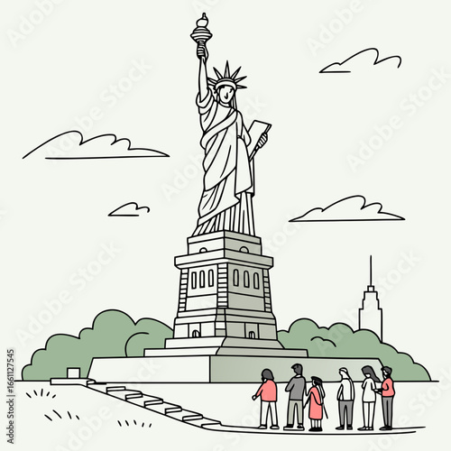 The statue of liberty, a famous landmark in new york city, usa, symbolizing freedom and democracy, with tourists visiting
