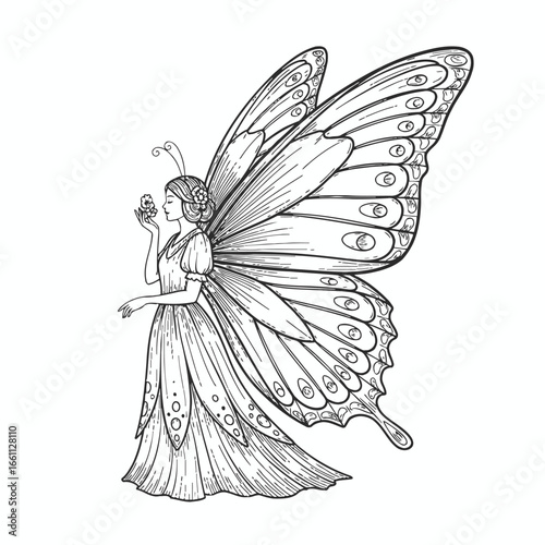 Beautiful Butterfly Woman Line Art Illustration.