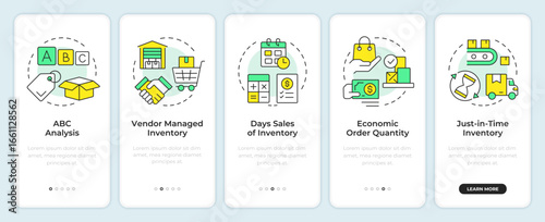 Inventory management methods onboarding mobile app screen. Regulation. Walkthrough 5 steps editable graphic instructions with linear concepts. UI, UX, GUI. Montserrat SemiBold, Regular fonts used