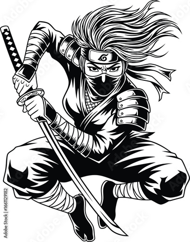 Armored Female Fighter in a Low Attack Stance, Grasping a Katana Blade, A Dynamic Black and White Graphic Novel Style Illustration.