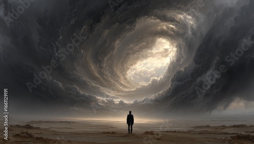 Dark clouds swirl around a lone figure