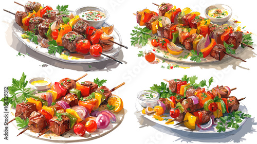 Juicy grilled meat and vegetable skewers painted in watercolor style with fresh herbs and sauce. Perfect for restaurant menus, BBQ party designs, or culinary branding materials.