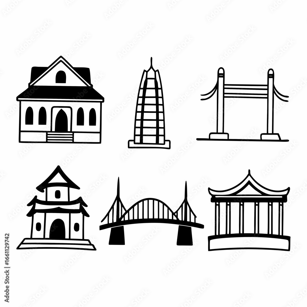 Fototapeta premium Collection of architectural landmarks in simple doodle style