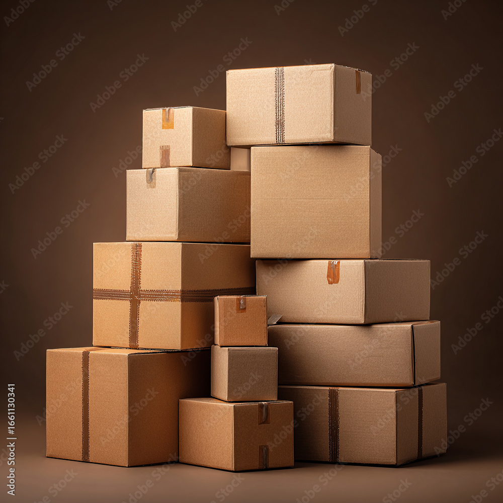 Obraz premium A stack of cardboard boxes with a brown background