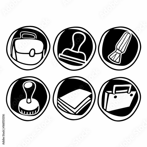 Collection of six hand drawn office icons, representing various tools