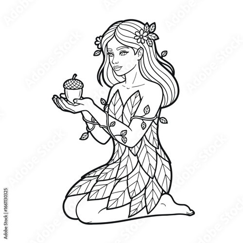 Beautiful nature goddess kneeling with an acorn line art illustration.