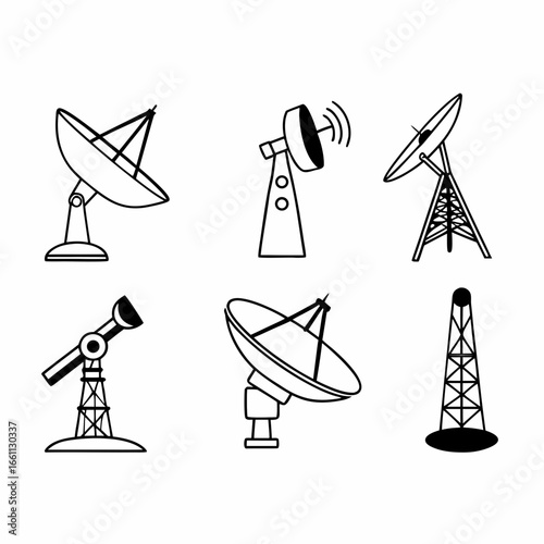 Collection of six hand drawn antenna icons, representing communication