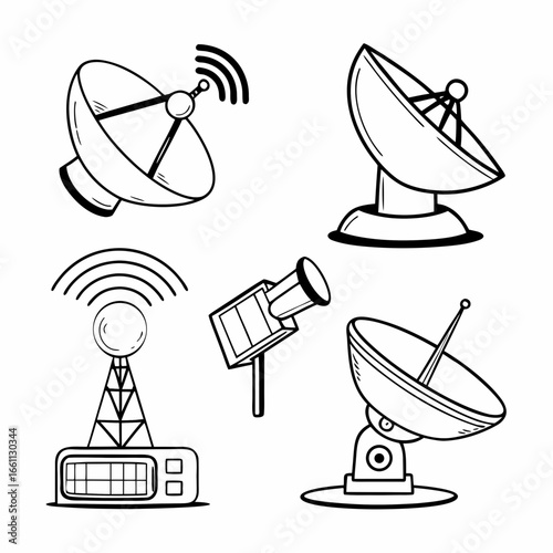 Set of satellite dish and antenna icons for communication and technology use