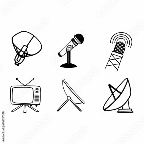 Illustration of communication devices including antenna, microphone, television