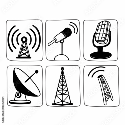 Illustration of communication devices including antenna, microphone, tower