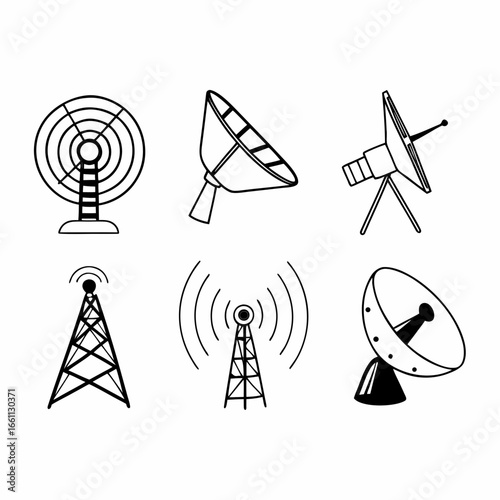 Set of antenna and satellite dish icons for communication and technology