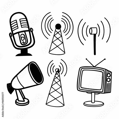 Illustration of communication devices including antenna, microphone, television