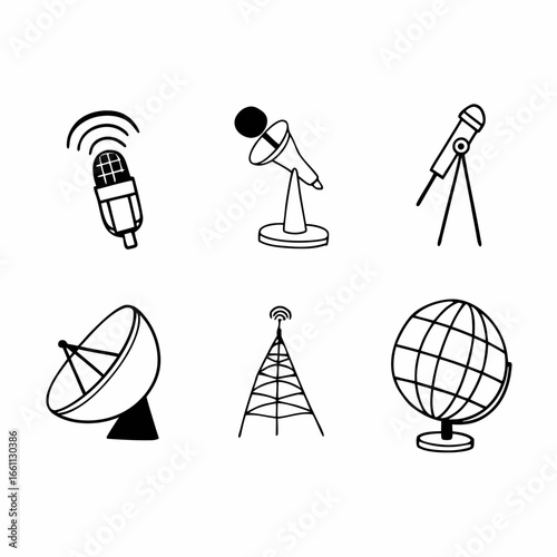 Set of six broadcasting and communication devices in vector format