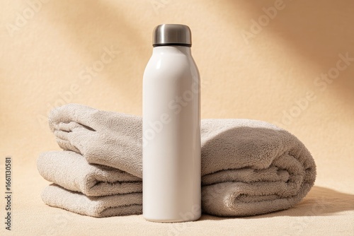 White water bottle with silver top next to folded gray towels on beige backdrop