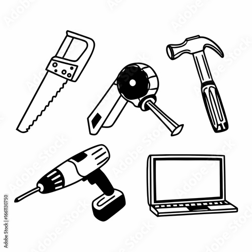 Hand drawn tools including saw, hammer, drill, and computer