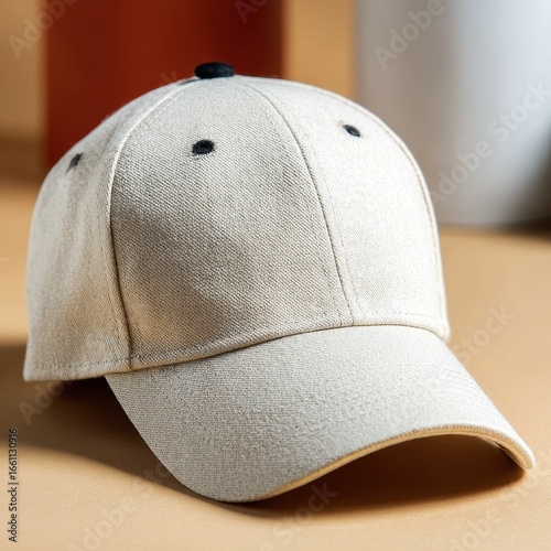 Beige baseball cap on a brown surface, close up view.