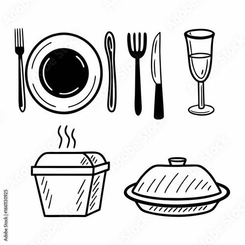Illustration of various food and drink related icons in a simple line art style