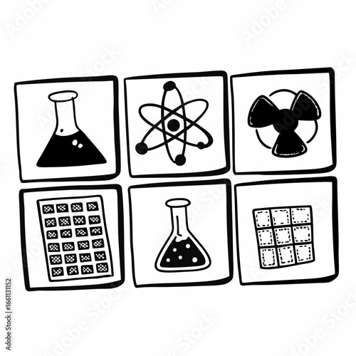 Illustration of science symbols including flask, atom, radiation
