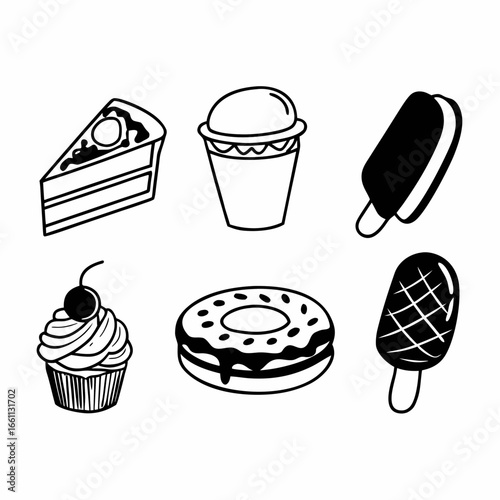 Illustration of cake slice, cupcake, donut, and ice cream