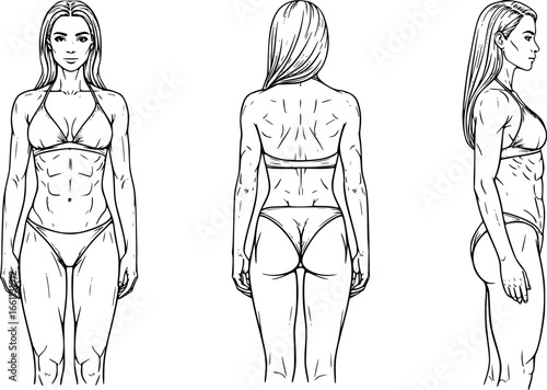 Standing woman in swimsuit, vector black , three different view