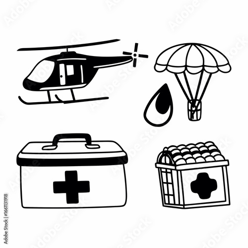 Illustration of a helicopter, parachute, blood drop, and first aid kit